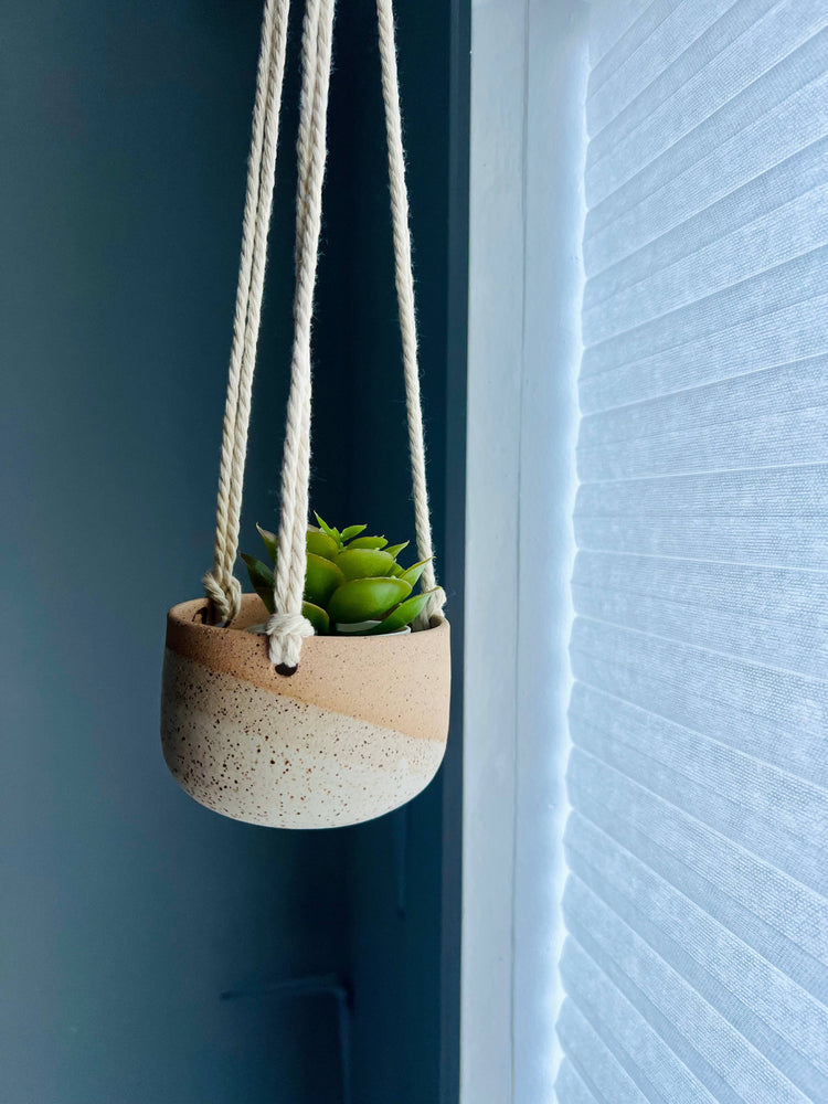 Hanging Orb Planter with Cord - White - Handmade Ceramic : Speckled sand / Small