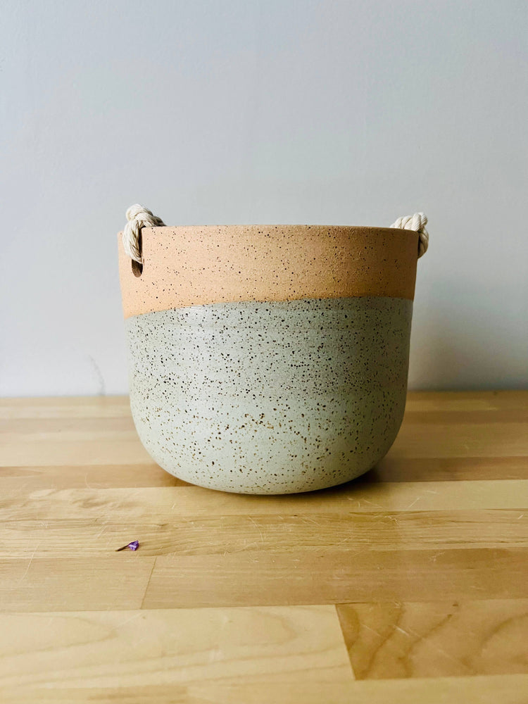 Hanging Orb Planter with Cord - White - Handmade Ceramic : Speckled sand / Small