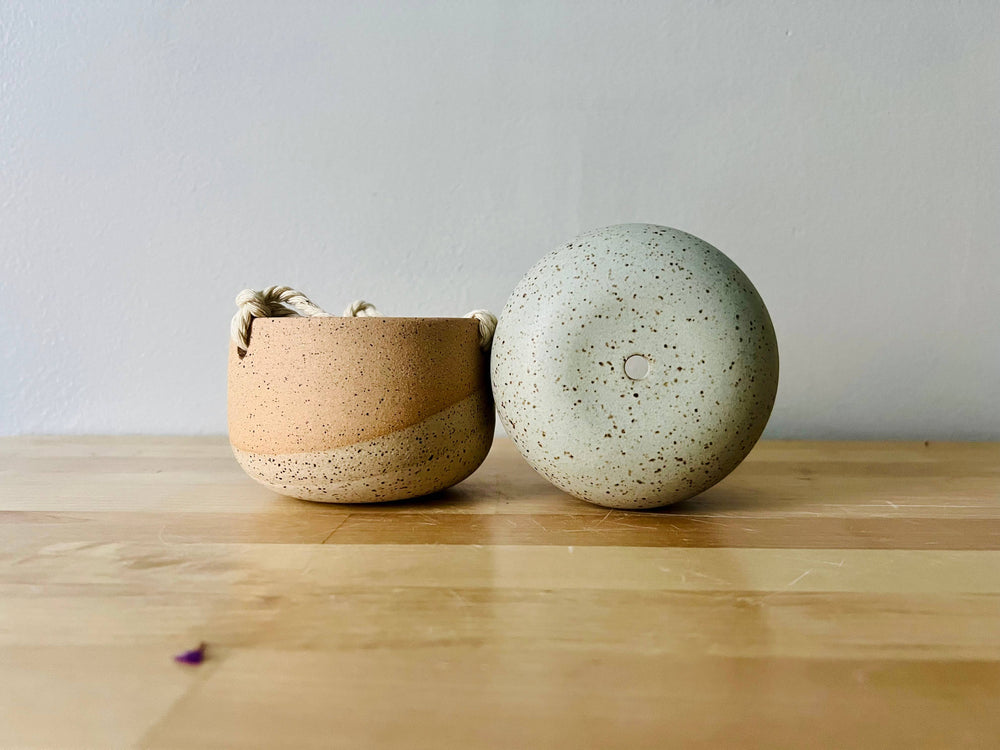 Hanging Orb Planter with Cord - White - Handmade Ceramic : Speckled sand / Small
