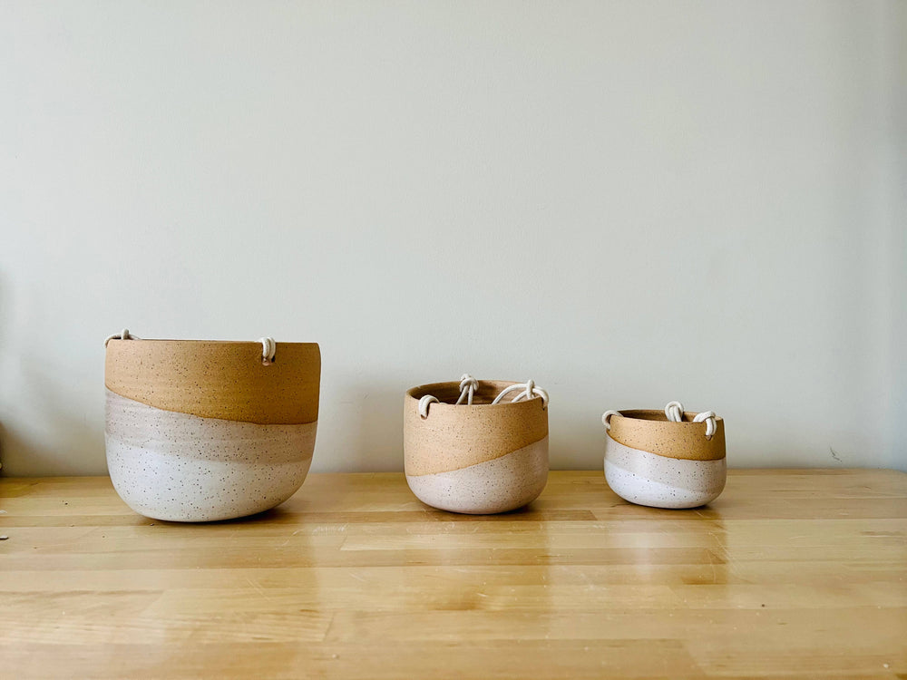 Hanging Orb Planter with Cord - White - Handmade Ceramic : Speckled sand / Small